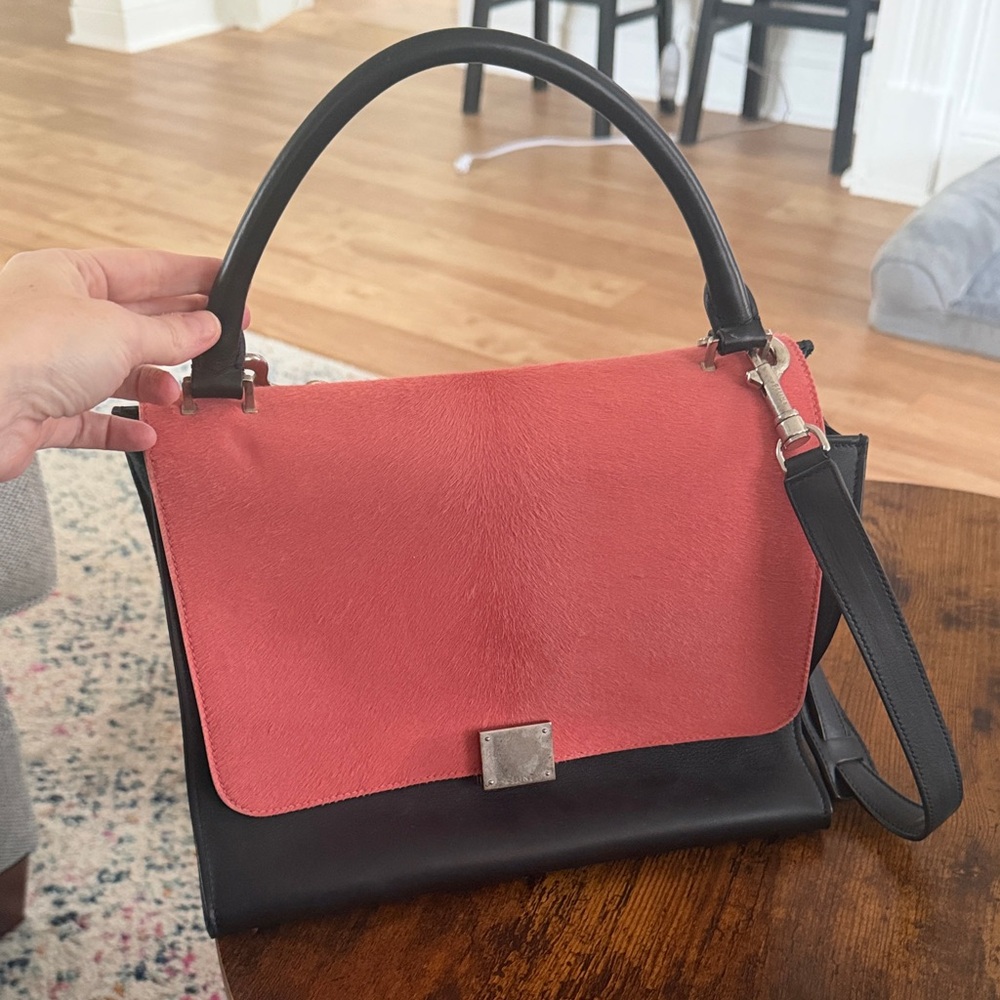 Genuine Celine Black Satchel with Coral/Green Accents